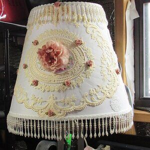 SHABBY CHIC LAMP SHADE 14 X 14 LACE PEARLS FLOWERS BASE SITTER FRAME